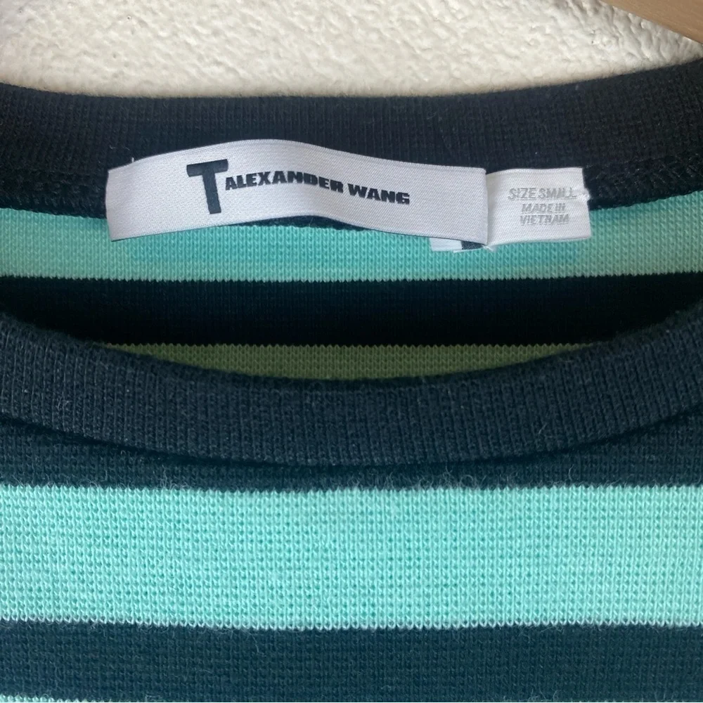 Alexander Wang Mint Aqua Blue White Striped Cropped Knit Pullover Sweater Size S
